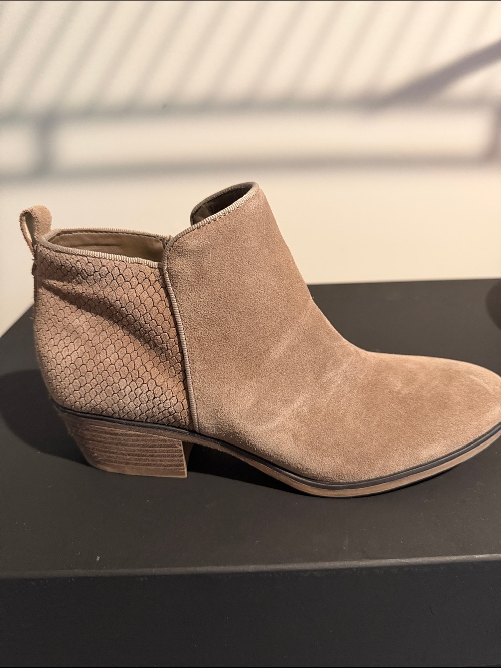 Michael Shannon Taupe Suede Ankle Bootie with Textured Heel Panel